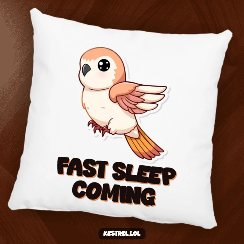 Funny pillow featuring a kestrel character in a swift descent with tucked wings, offering plush humor and excitement.