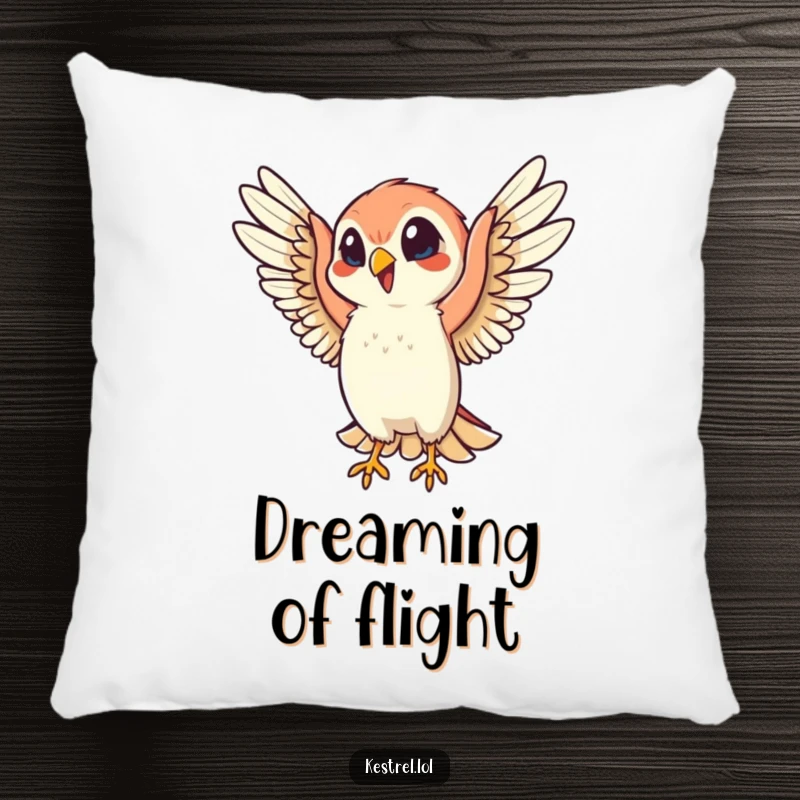 Funny pillow featuring a cheerful kestrel character with wings spread wide in energetic joy, offering comfort and a humorous avian accent.