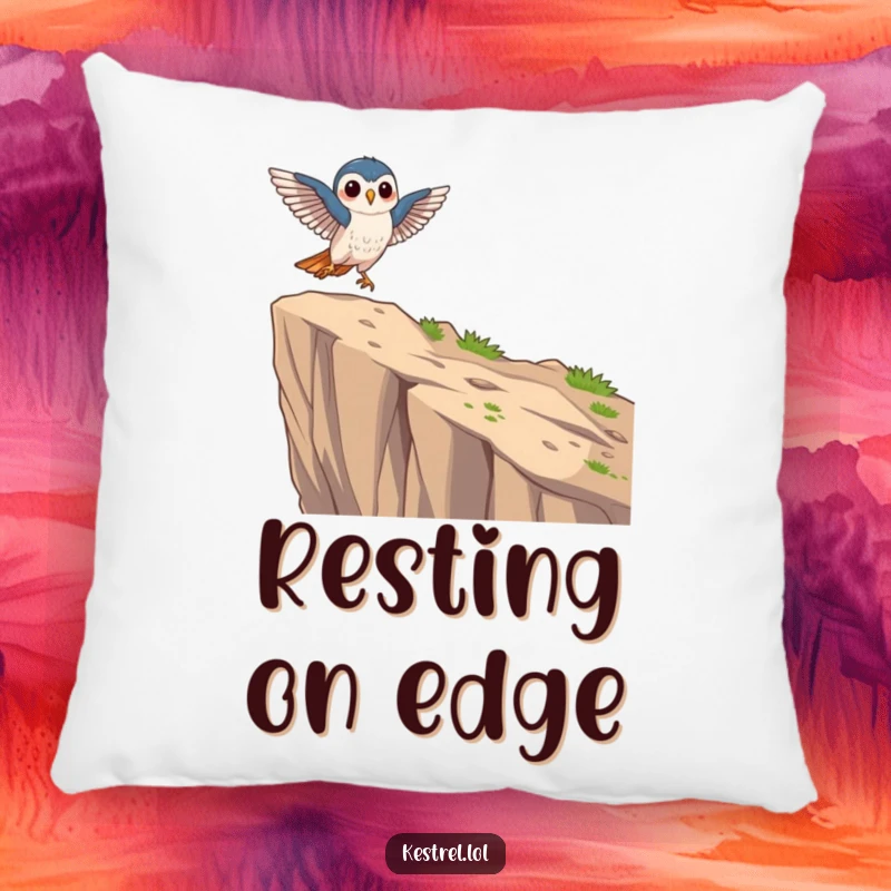 Funny focused kestrel pillow featuring a kestrel character's graceful landing on a cliff edge, offering comfort.