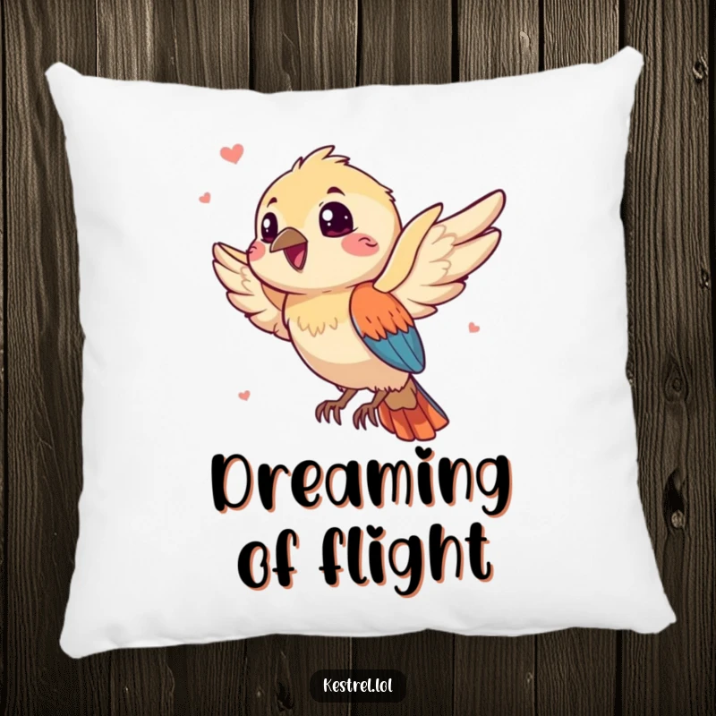 Funny kestrel pillow illustrating a gleeful bird character embracing a playful breeze, adding humorous comfort to any seating area.