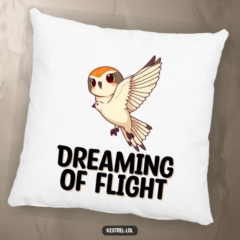 Funny kestrel pillow featuring a kestrel banking sharply, offering comfort and a humorous avian touch inspired by aerial grace.