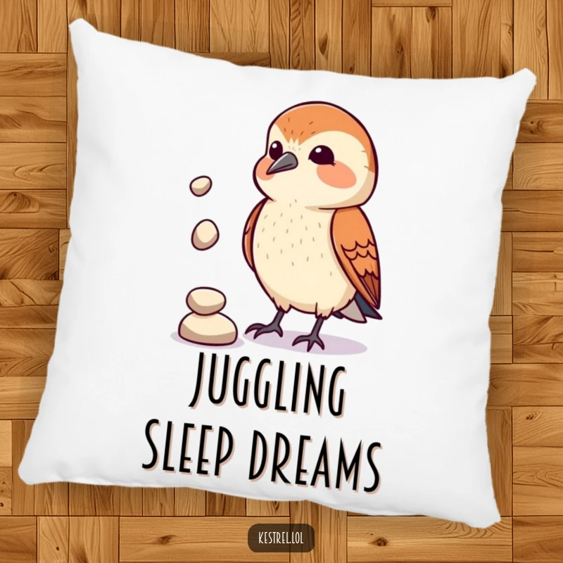 Funny Kestrel Juggler Pillow: A kestrel comically attempts to juggle pebbles, bringing comfort and humor to your space. Soft and entertaining decor.