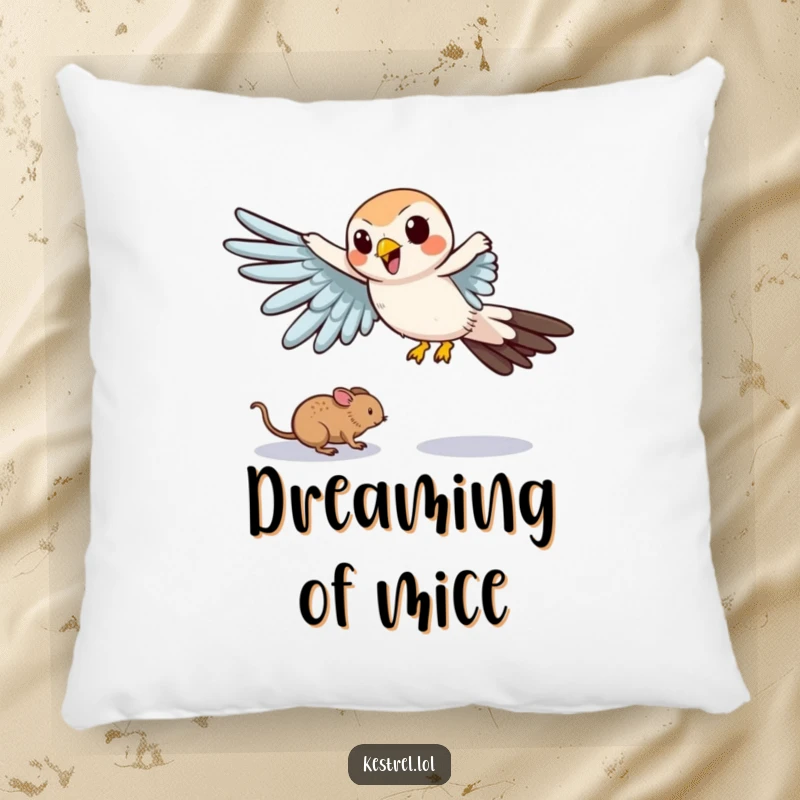 Funny pillow depicting a cartoon kestrel comically swooping down with outstretched wings, humorously targeting a tiny mouse.