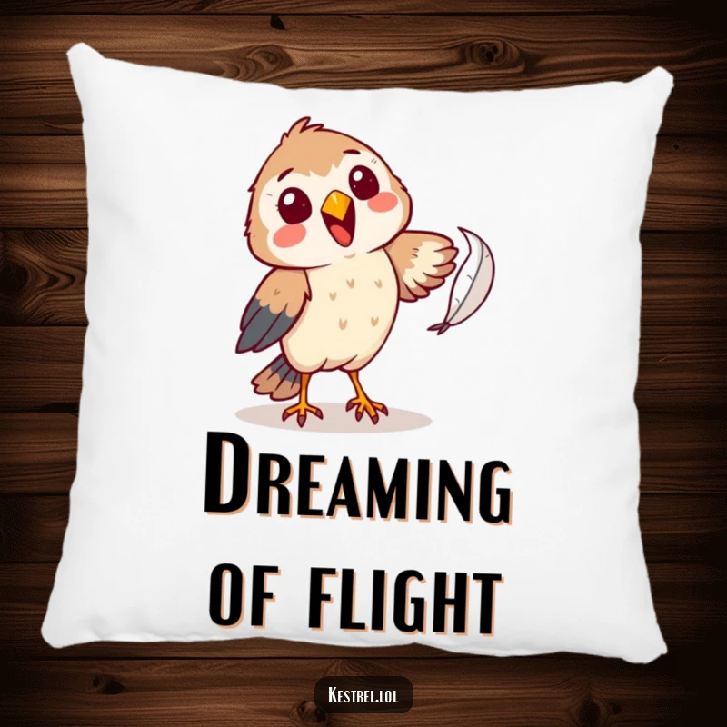 Funny kestrel pillow featuring a cheerful character comically attempting to catch a falling feather, offering cozy humor and a touch of lighthearted absurdity.
