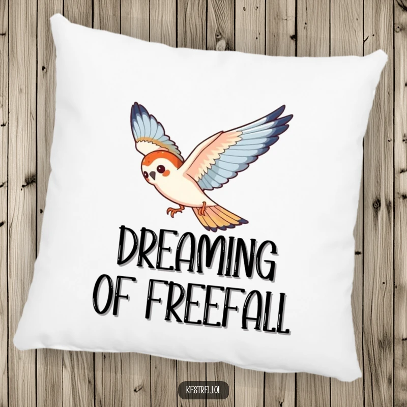 Funny kestrel pillow showing a playful bird gracefully diving through the air, adding comfort and humor.