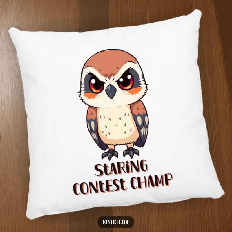 Funny pillow depicting a kestrel character looking intently with sharp, focused eyes, adding comfort and humorous bird-lover charm, a great funny gift.