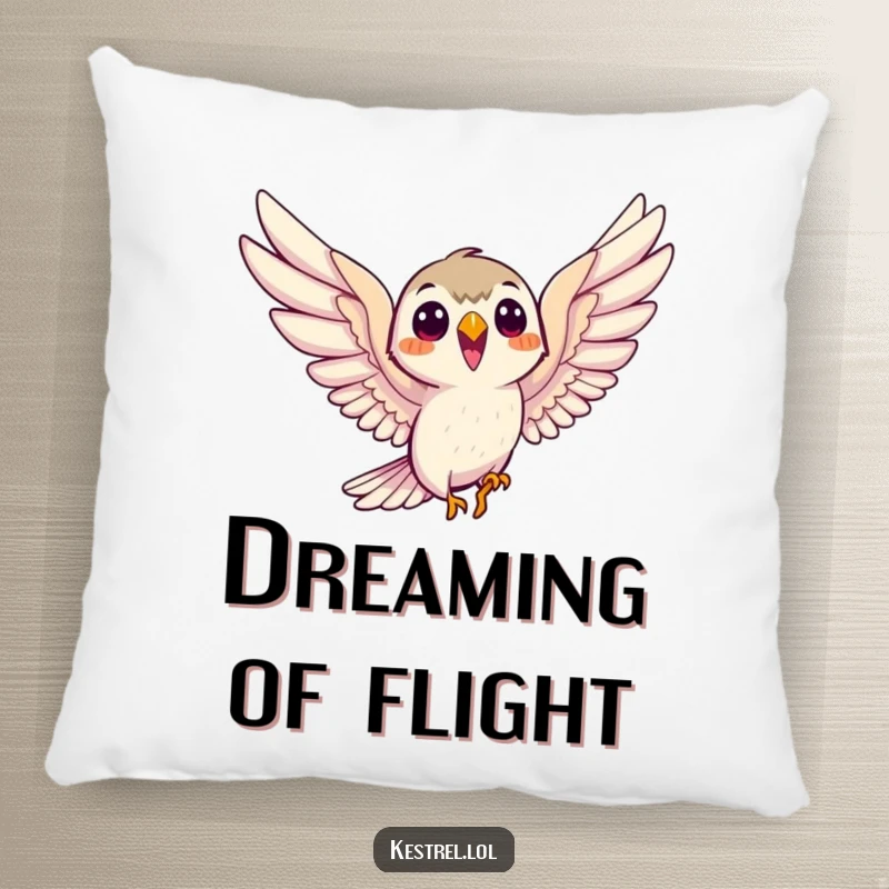 Funny smiling kestrel pillow, the bird eagerly soaring with outstretched wings, a soft and uplifting decorative item.