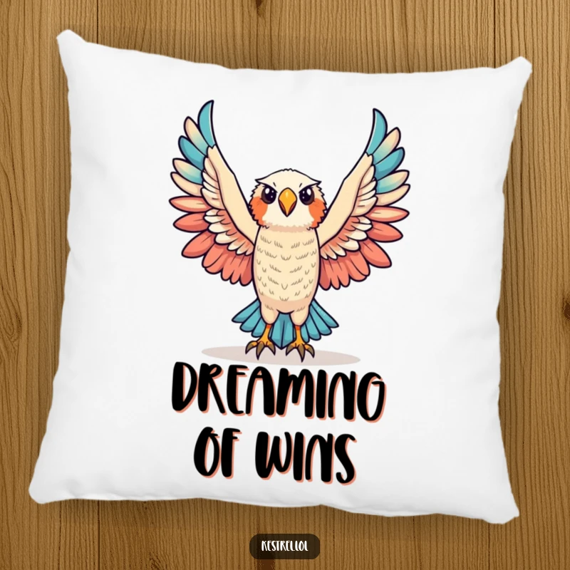 Funny triumphant kestrel pillow featuring a kestrel character raising its wings in victory, offering comfort and inspiration.