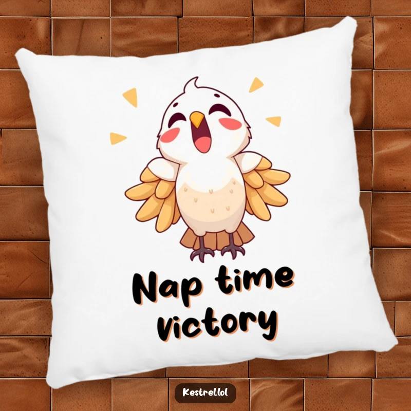 Funny triumphant kestrel pillow featuring a bird crying out happily, a soft and celebratory decorative item.