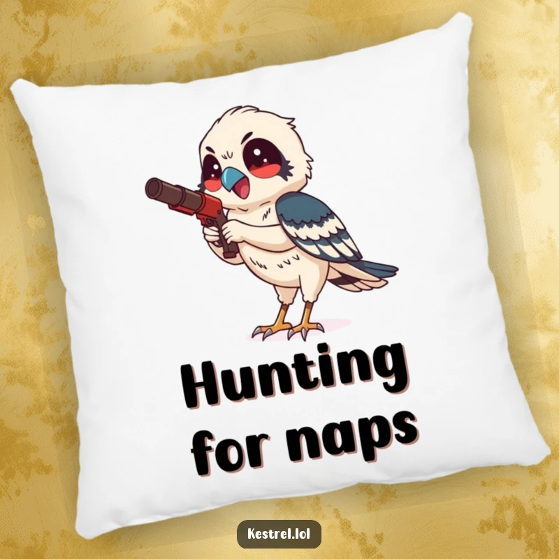 Funny kestrel pillow featuring a smiling bird character hunting with focused delight, adding humorous comfort and style.