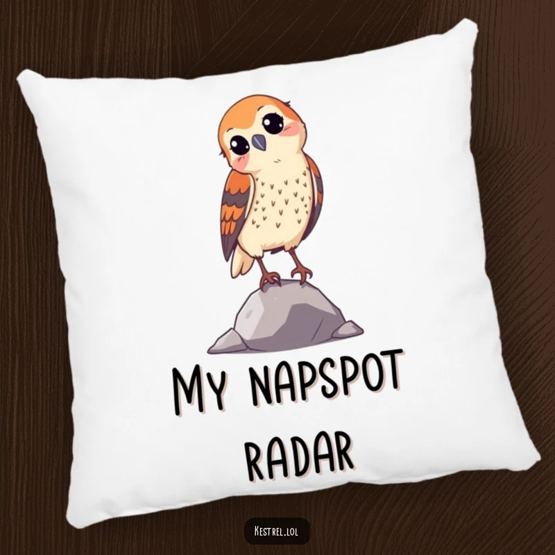 Funny curious kestrel pillow, featuring a bird tilting its head, a plush and humorous decorative item.