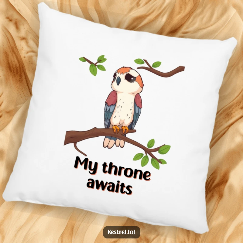 Funny Kestrel Perched Pillow featuring a kestrel sitting proudly on a branch, perfect for cozy and humorous decor.