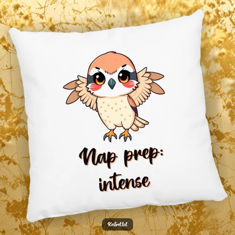 Funny pillow featuring a kestrel character with a determined gaze, ready for a swift descent, offering comfort with a focused, intense vibe.