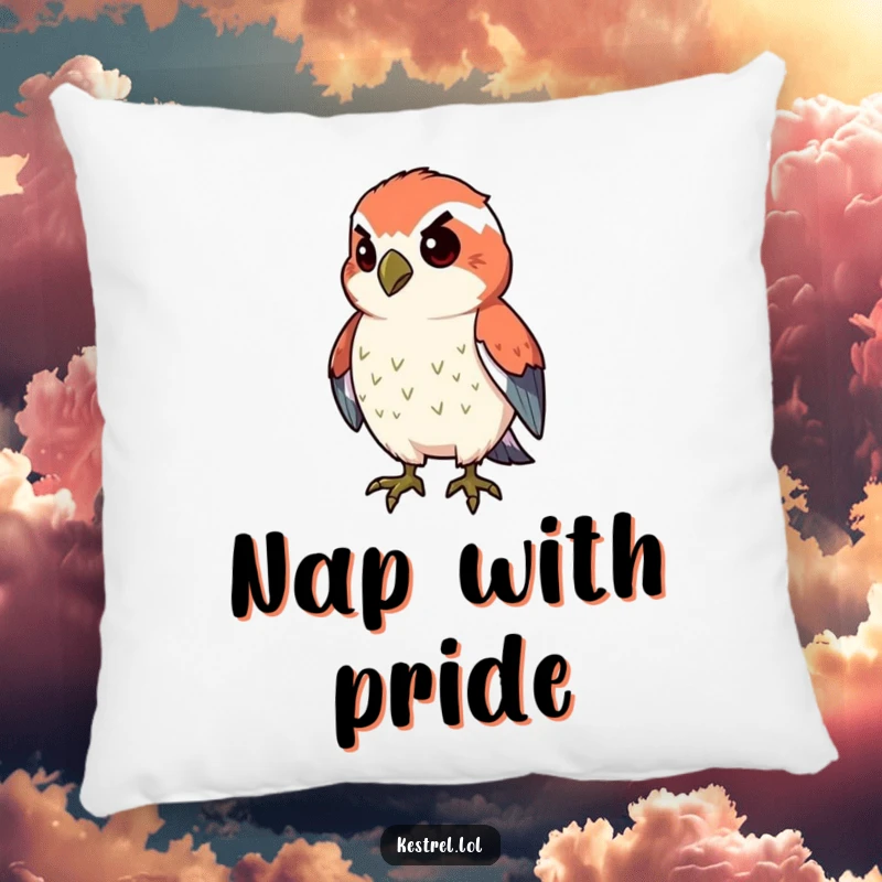 Funny proud kestrel pillow featuring a kestrel's puffed chest, representing determination and strength.