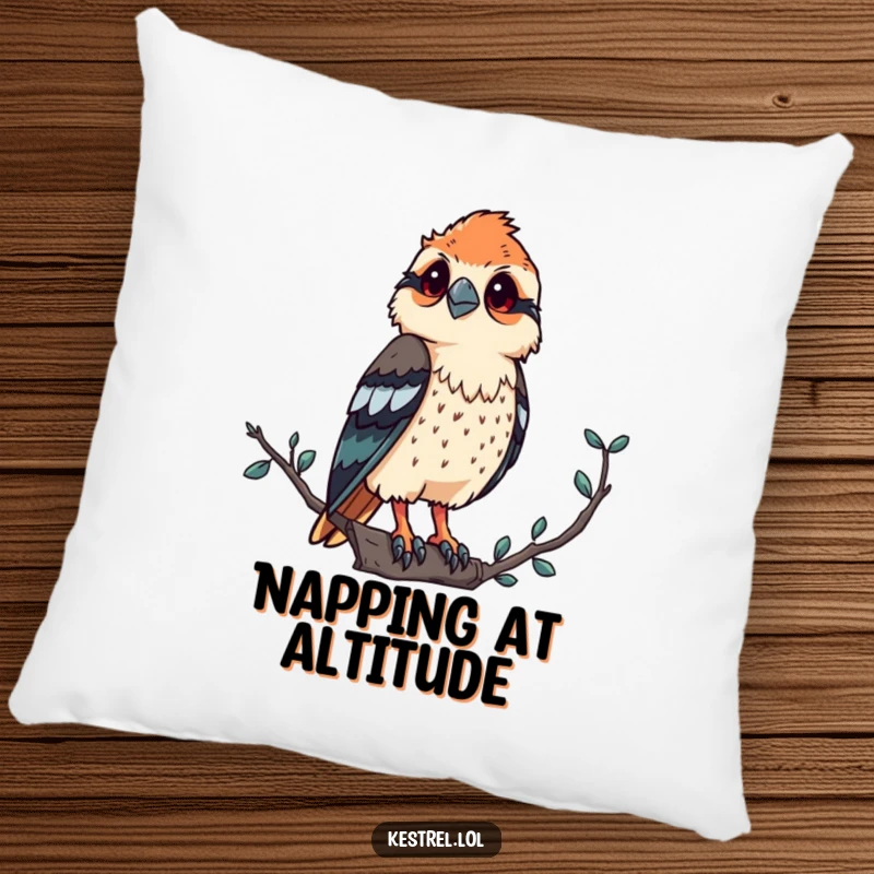 Funny kestrel pillow with a proud bird of prey character observing the world from a high, regal perch, adding humor and comfort.