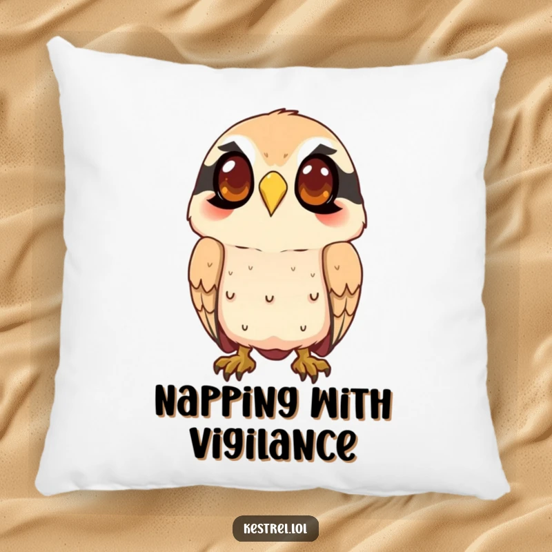 Funny kestrel pillow with a smiling character intently watching from above, offering plush comfort and a dose of adorable, funny focus.