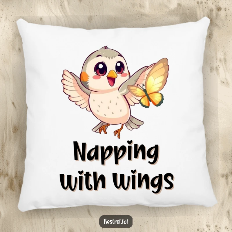 Funny pillow depicting a happy kestrel with big eyes playfully chasing a shimmering butterfly, adding a touch of joy.
