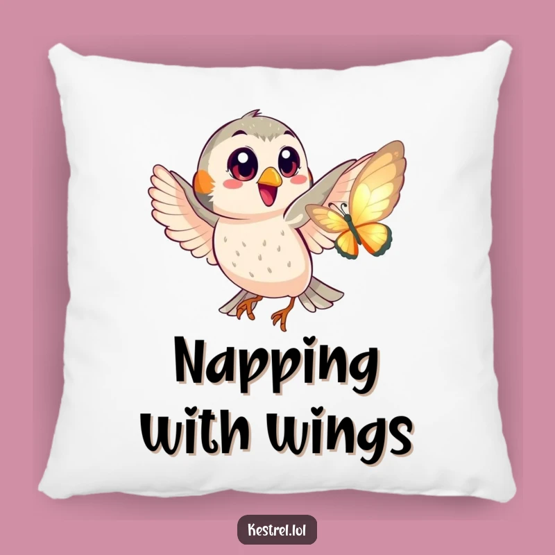 Funny Kestrel Butterfly Chase Pillow - Playful Big Eyes Comfort Gift