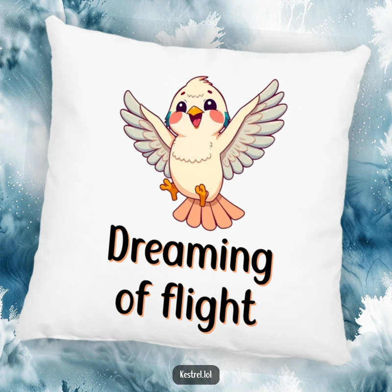 Funny kestrel pillow featuring a kestrel doing a playful aerial loop, offering comfort and a humorous touch, a delightful bird gift.