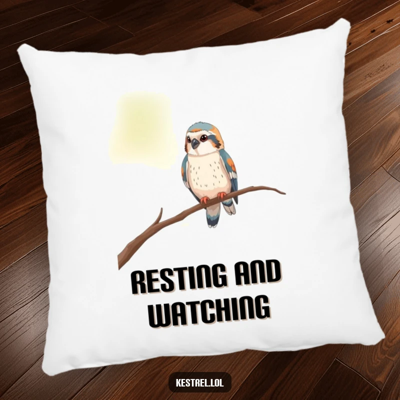 Funny kestrel pillow featuring a curious bird perched on a thin branch, looking around, adding comfort and humor.