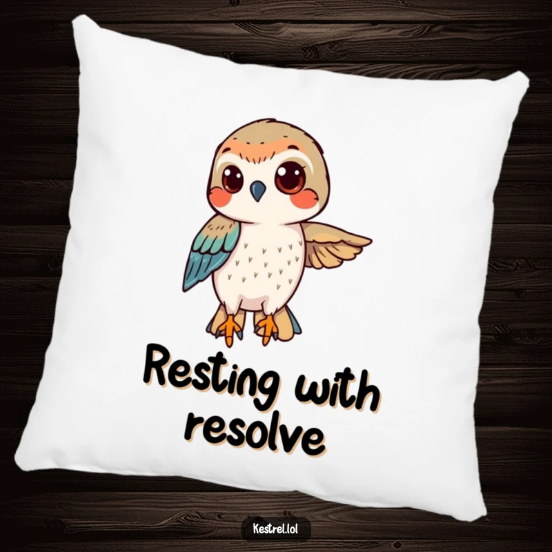 Funny kestrel pillow featuring a determined bird hovering with a confident gaze, adding comfort and motivation.