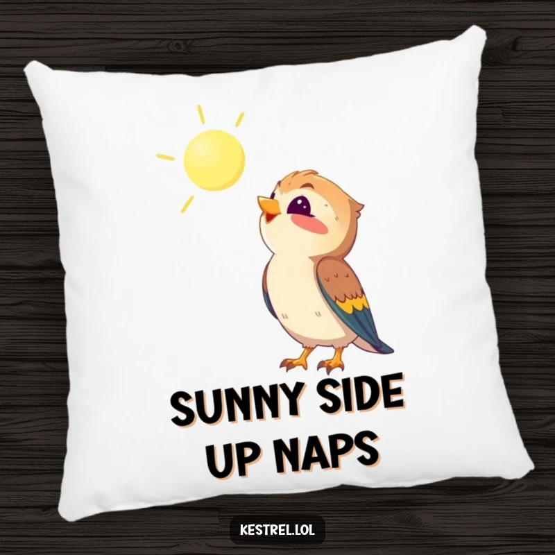 Funny kestrel pillow featuring a kestrel looking up at the sun with delight, offering comfort and a humorous touch, a delightful bird gift.