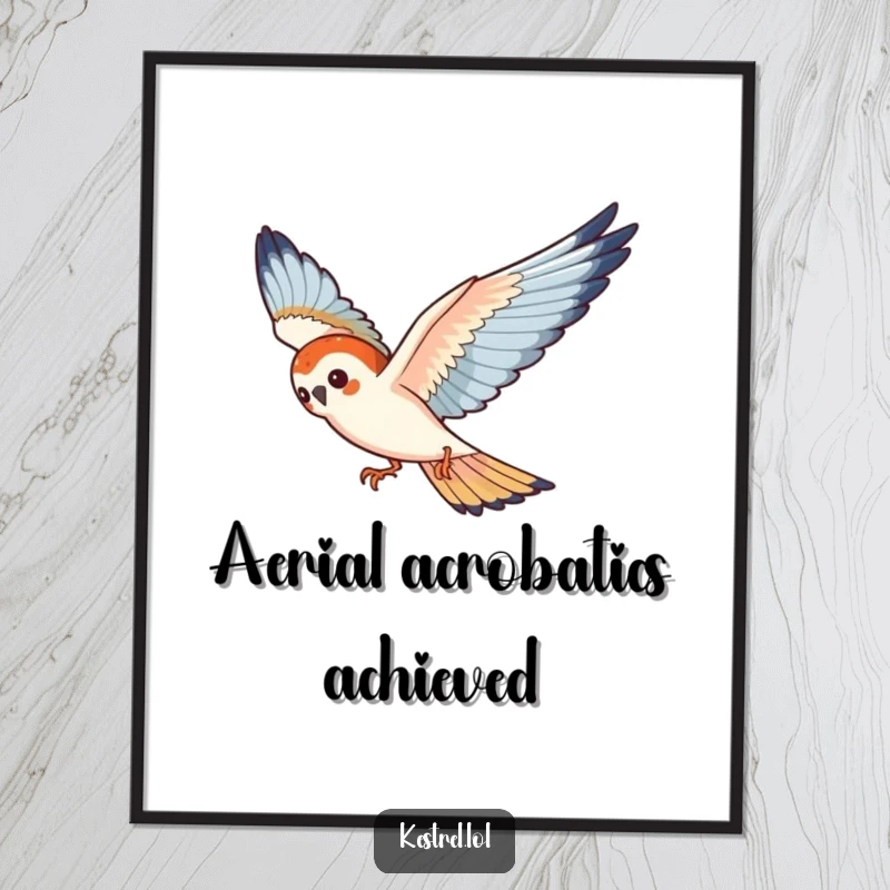 Funny kestrel digital art print of a playful bird gracefully diving through the air, full of energy.