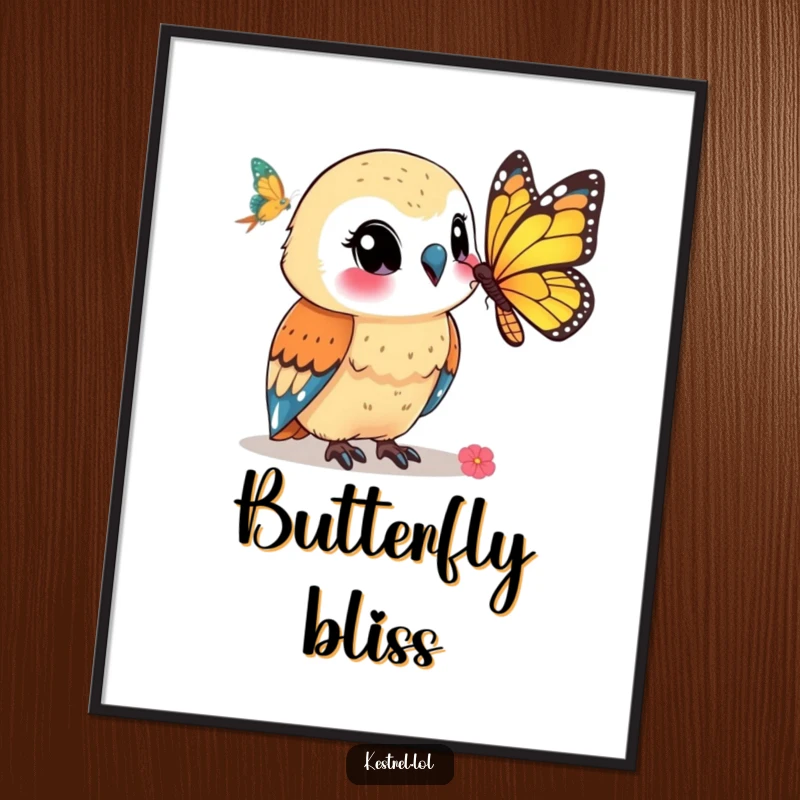 Funny kestrel digital art print of a smiling kestrel character watching a butterfly, perfect for whimsical and peaceful wall decor.