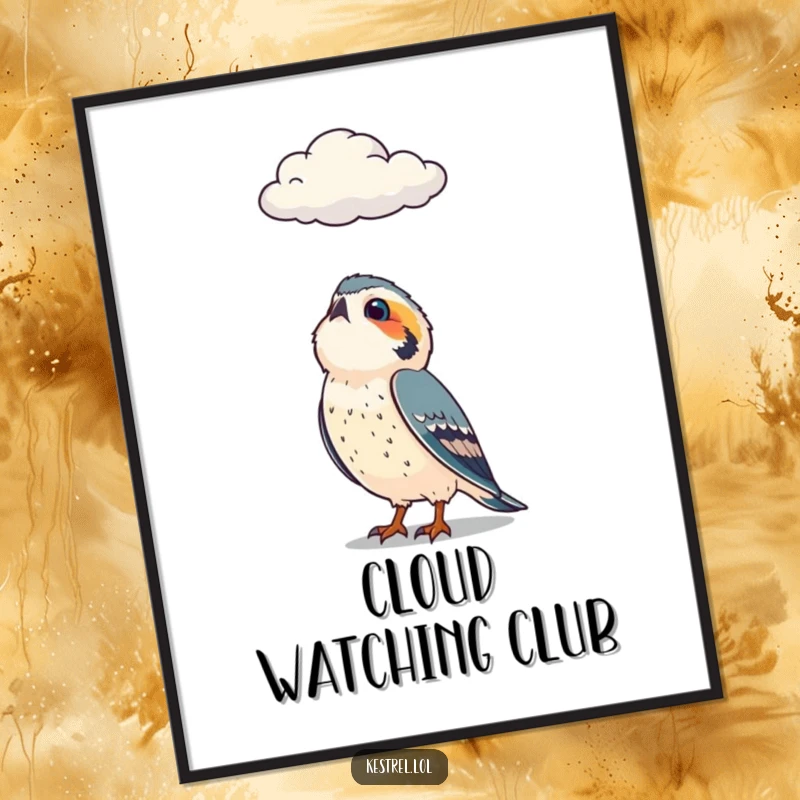 Funny digital art print of a curious kestrel character looking up at a cloud, perfect for humorous decor.