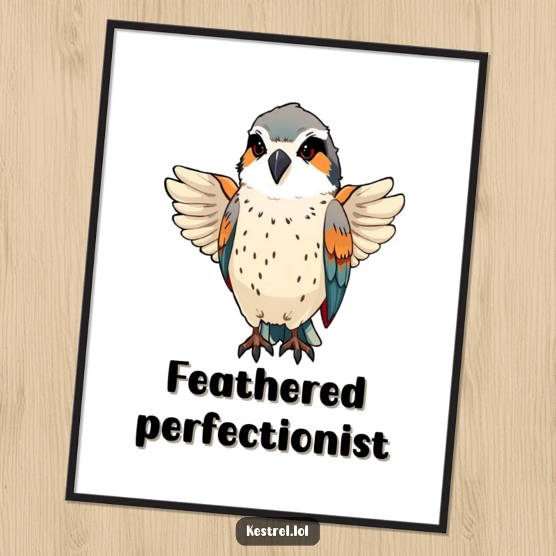 Funny kestrel preens sleek feathers with a proud, focused expression, as downloadable digital art.