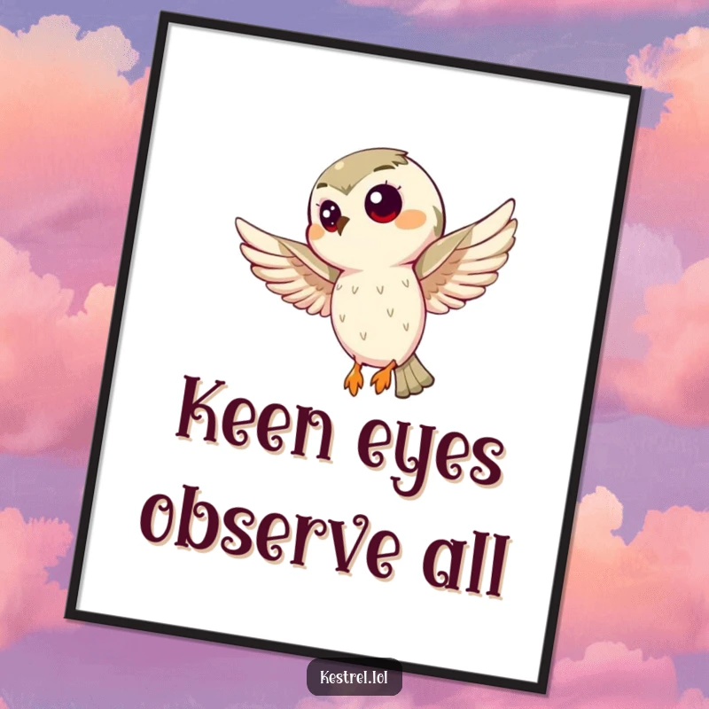 Funny kestrel digital art print of a curious bird hovering intently, high-quality and humorous wall decor. A perfect gift.