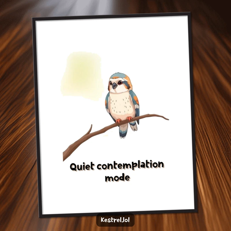 Funny kestrel digital art print of a curious bird perched on a thin branch, looking around inquisitively.