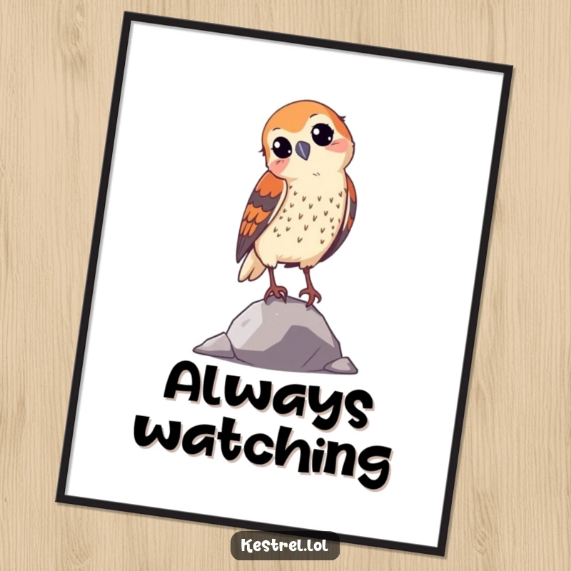 Funny curious kestrel digital art print, featuring a bird tilting its head, an instant downloadable humorous decoration.