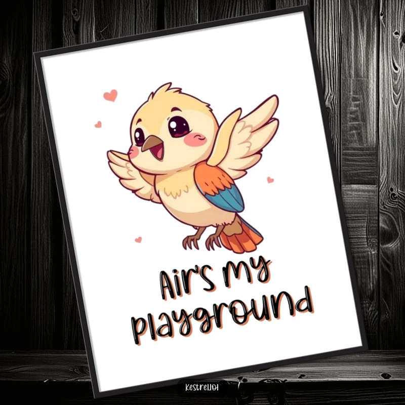 Funny kestrel digital art print showing a gleeful bird character catching a playful breeze, vibrant and humorous wall art.