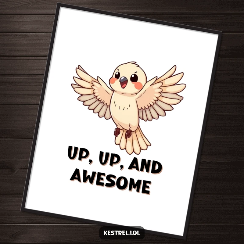 Funny happy kestrel digital art print, showing a bird vigorously flapping wings in flight, an uplifting decoration.