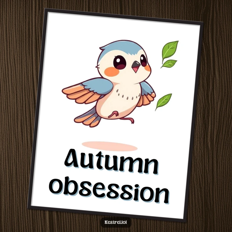 Funny kestrel digital art print of a bird playfully chasing a leaf, a humorous and joyful autumn decor gift.