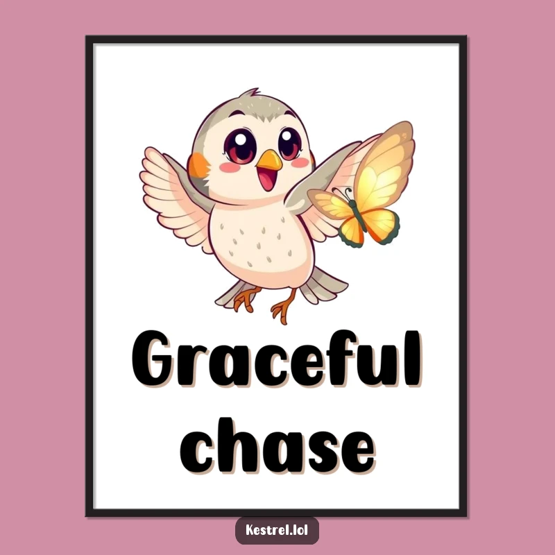 Funny Kestrel Butterfly Chase Digital Print - Playful Big Eyes Art Gift