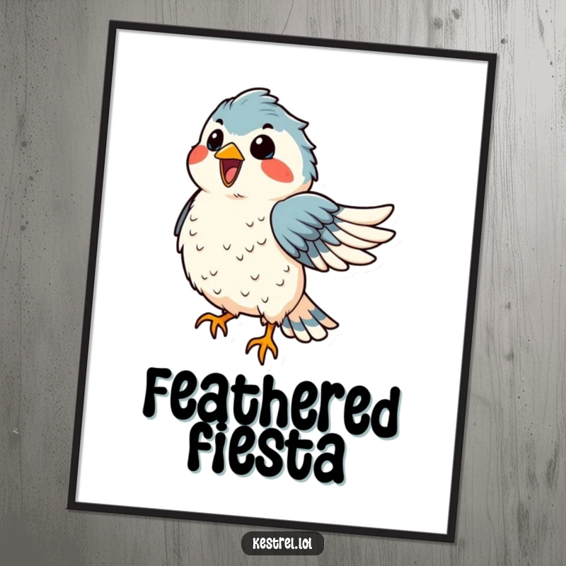 Funny kestrel dance digital art print featuring a delighted bird dancing in the wind, feathers ruffled, perfect for joyful decor.