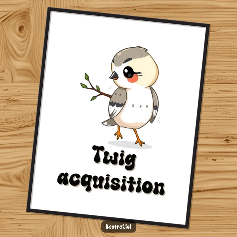 Funny kestrel digital art print of a busy kestrel carrying a twig, perfect for modern, humorous wall decor.