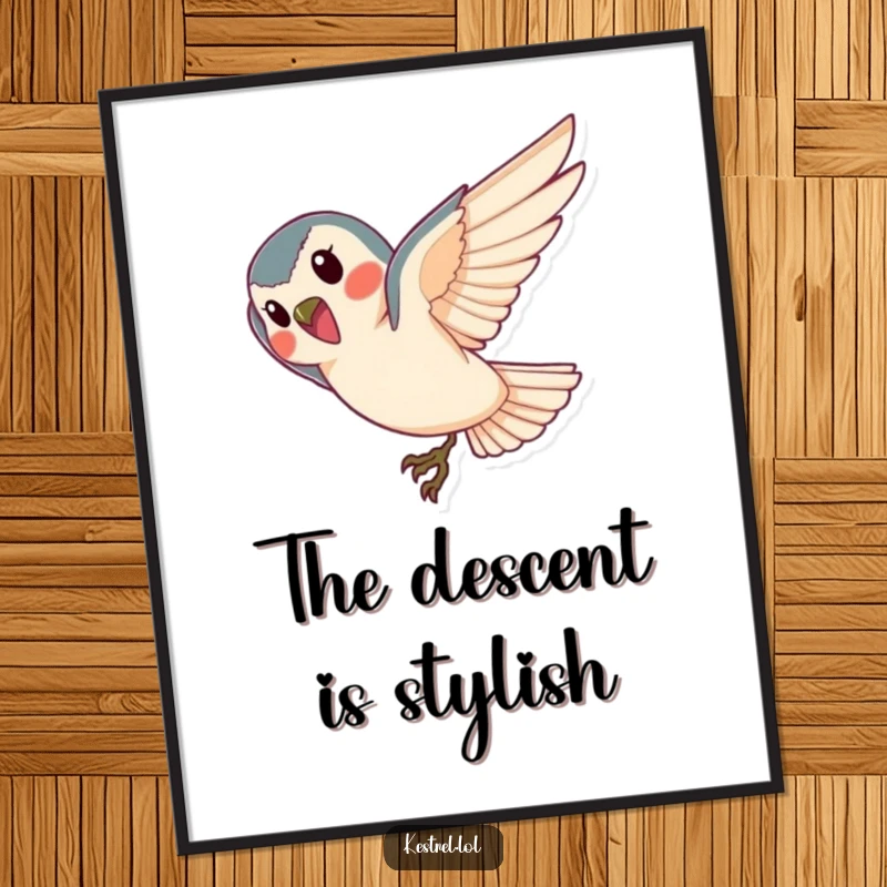 Funny kestrel digital art print, an illustration of a cheerful bird diving gracefully towards the ground.