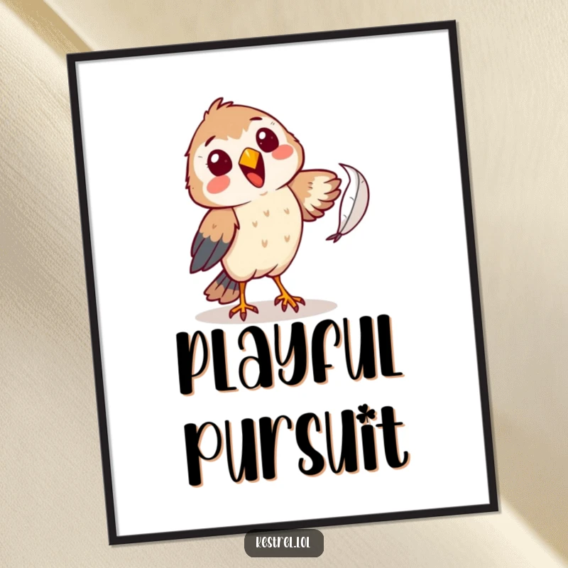 Funny kestrel digital art print of a cheerful character comically attempting to catch a falling feather, perfect for whimsical and humorous decor.