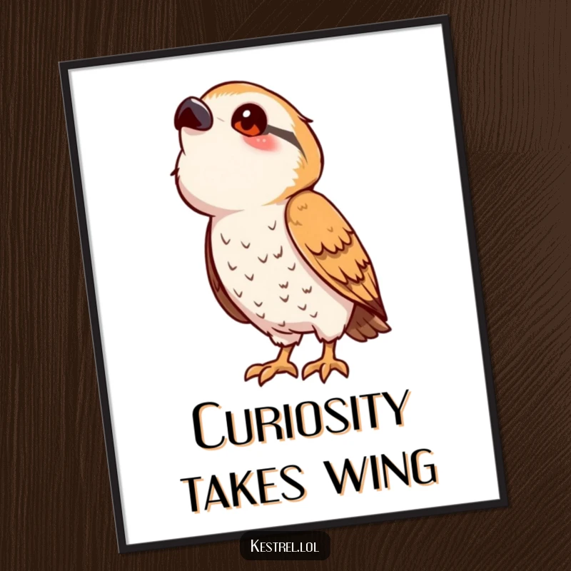 Funny kestrel digital art print of a cute, stylized bird character in a playful pose, looking upwards with curiosity and charm.