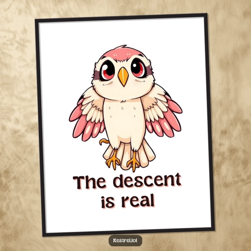 Funny kestrel digital art print of a bird of prey in a dramatic, wide-eyed swoop, capturing motion and adding humorous flair.