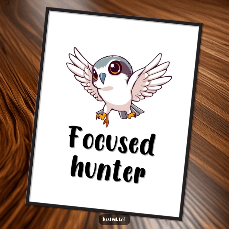 Funny kestrel digital art print of a determined kestrel character diving sharply downwards with focused eyes, perfect for sharp decor.