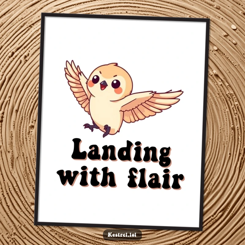 Funny kestrel digital art print of a small kestrel character landing gracefully, perfect for elegant and humorous wall decor.