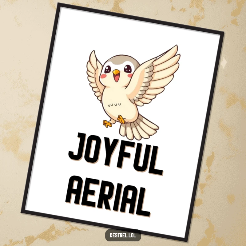 Funny kestrel digital art print of a joyful kestrel character swooping playfully, perfect for energetic and humorous wall decor.