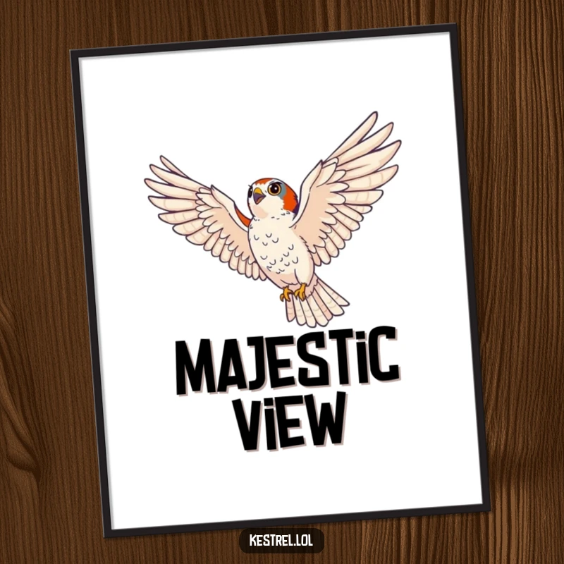 Funny kestrel digital art print of a majestic bird of prey soaring with wings spread wide, eyes scanning the horizon with humorous intensity.