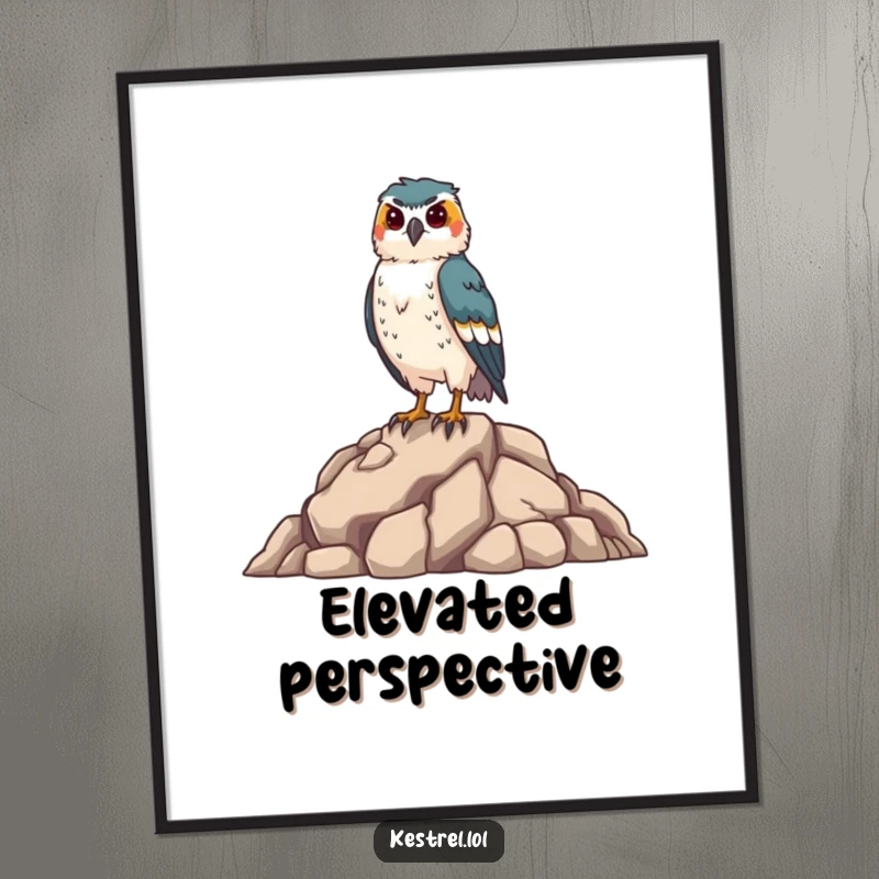 Funny kestrel digital art print of a proud falcon standing tall on a rocky outcrop, perfect for instant wall decor and humorous gifting.