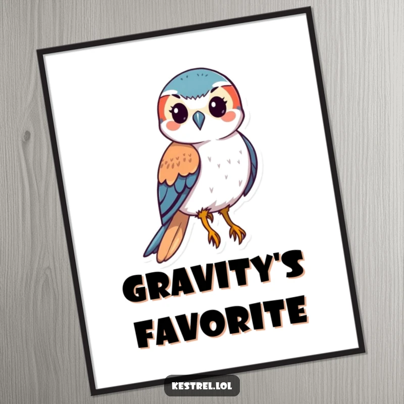 Funny kestrel digital art print of a stylized bird of prey in a powerful downward swoop, symbolizing speed and avian grace.