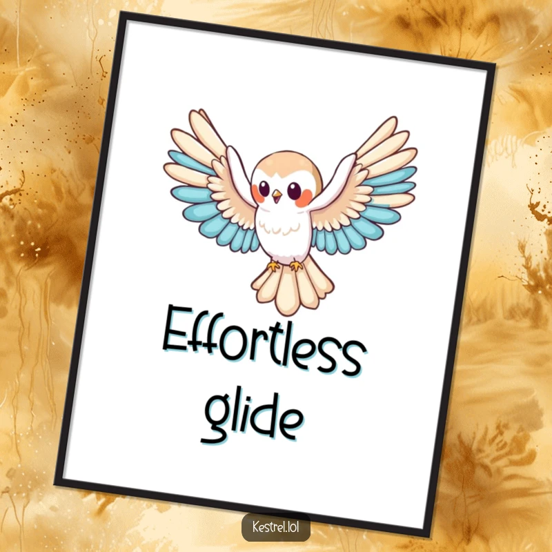 Funny kestrel digital art print of a cute character gliding effortlessly, symbolizing freedom and serene beauty, a downloadable funny gift.